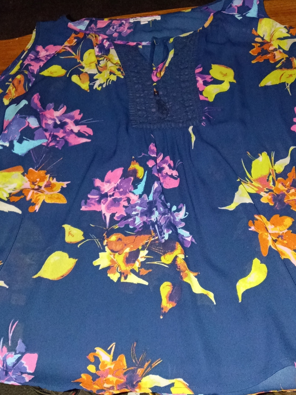 DR2 Navy Floral Sleeveless Blouse with Yellow Pink Orange Accents
